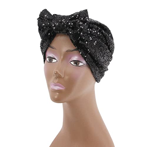 Erinaco Women Sparkle Sequin African Turban Bow Knot Pre-Tied Cap Pleated Ruffle Bonnet Beanie Hat Headwrap Skull Caps - color: Black Sequin