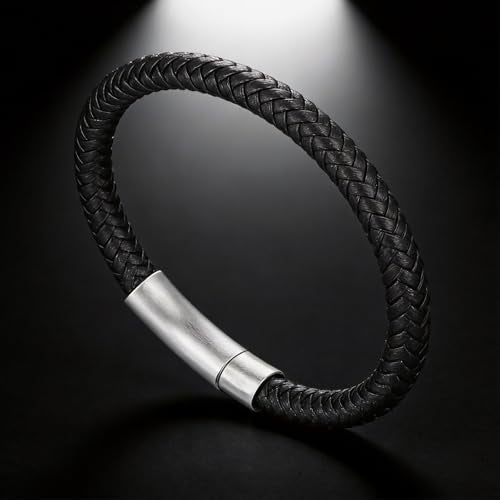 Men's Leather Bracelet, Stackable Stainless Steel Clasp Bracelets for Men Stylish Birthday, Thanksgiving, Valentine's Day Gift for My Man - style: 8.2" Black Leather