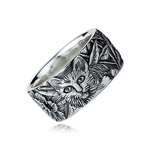 Retro Vintage S925 Sterling Silver Band Ring, Engraved Forest Flower Leaf Cat and Mouse Design, Realistic Relief, for Women and Men