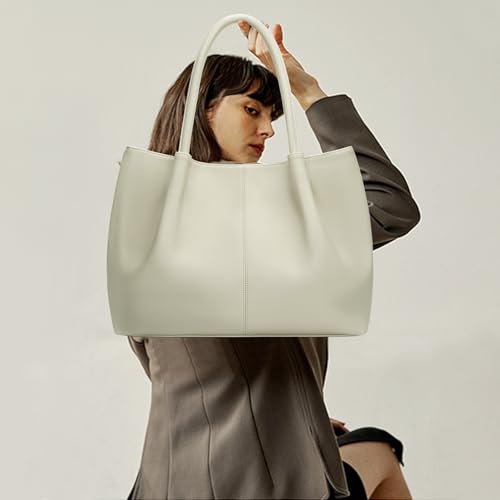 KKXIU Tote Bag for Women Vegan Leather Shoulder Purse Large Capacity Travel Bag - color: Cream White