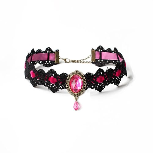 Gothic Vampire Choker Necklace for Women Adjustable Vintage Victorian Mystery Pirate Witchy Jewelry Emo Punk Black Lace Choker Costume - color: hot pink
