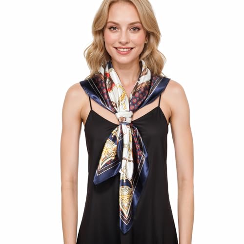 RIIQIICHY Head Scarf for Women Like Silk Scarf Hair Scarf Printed Square Scarf Bandanas for Women 35 Inches - color: Navy/Gold