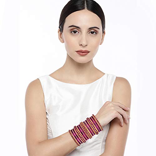 Aheli Ethnic Colorful Metal Bangles Chudha Set Stone Studded Bangle Set Indian Wedding Wear Fashion Jewelry Gift for Women Blue - color: Rani Pink