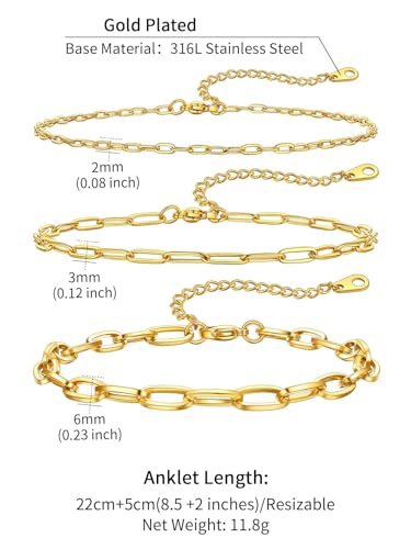 ChainsHouse Ankle Bracelets for Women, Stainless Steel Chain Anklets Waterproof, Women Summer Beach Jewelry Gift, Come with Box - color: 03. 3Pcs-(2+3+6mm)-Paperclip-14K Gold