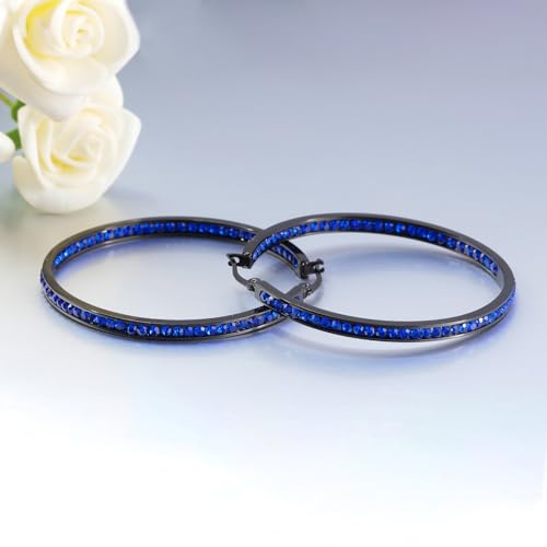 CiNily Mult-colors Crystal Stainless Steel Hoop Earring for Women Hypoallergenic Jewelry for Sensitive Ears Large Big Hoop Earrings 2" - color: Black Gold-Dark Blue
