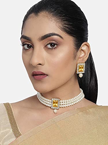 Aheli Ethnic Choker Necklace Earrings Wedding Bollywood Party Jewelry Set Gift for Women - color: Champagne