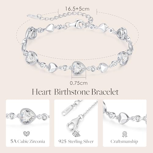 925 Sterling Silver Birthstone Heart Bracelet Jewelry Gift for Women | Rose Gold Plated Bracelets,Hypoallergenic,Adjustable Chain Personalized Anniversary Christmas Jewelry Gift for Mom Wife - color: Sterling Silver-04-Apr