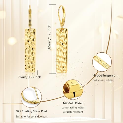ALEXCRAFT Hammered Silver Dangle Earrings for Women, 14K Gold Plated French Leverback Earrings, Hypoallergenic Lightweight Statement Hammer Square Bar Long Drop Earing for Women Trendy Jewelry Gifts - color: GoldC