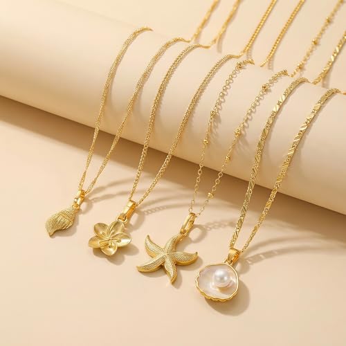 Shell Starfish Necklace for Women, Gold Plated Boho Layered Pendant Necklace with Pearl Conch Charm, Dainty Coastal Summer Beach Vacation Jewelry Gifts - style: Flower 4pcs