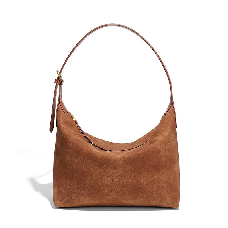 Suede Hobo Bag For Women,Vintage Shoulder Crossbody Purse,Fause Suede Handbag 2 Adjustable Straps,Lightweight Soft - color: Brown