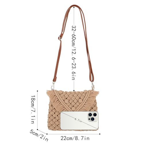 Goclothod Women Crochet Fringed Shoulder Bag Cotton Tassel Crossbody Bag Hippie Beach Purse - color: Crochet Khaki