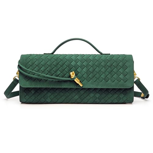 NEWBELLA Handwoven Women's Clutch Purse, Crossbody Bag with Adjustable Strap for Evening & Casual Use - color: Matted Green