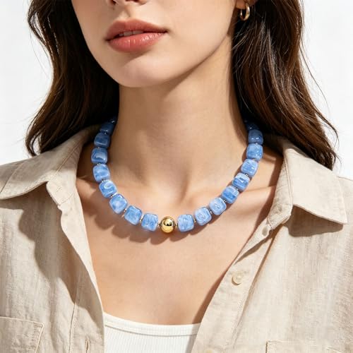 Chunky Colorful Beaded Necklaces for Women Big Bead Boho Choker Necklace Trendy Heart Statement Necklace Summer Beach Jewelry Mothers Day Gifts for Mom Daughter - color: Sky-blue Square Beads