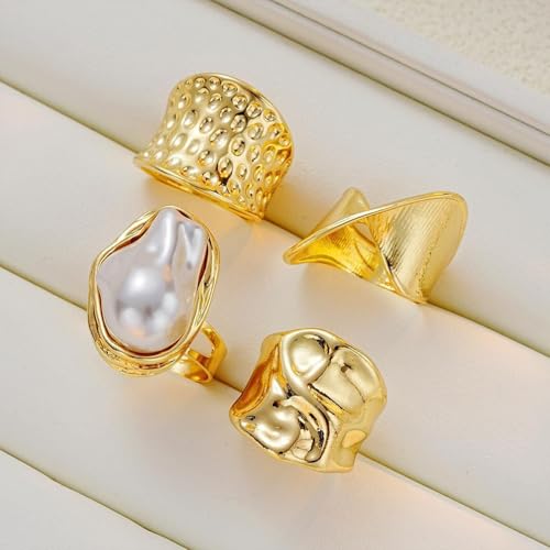 Chunky Gold Irregular Rings Stack Set for Women Statement Baroque Pearl Flower Stackable Knuckle Finger Ring Non Tarnish Boho Hammered Jewelry Gifts - color: Gold