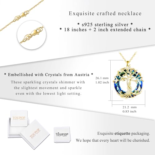 TOUPOP Tree of Life Necklace Gifts for Women 925 Sterling Silver Family Tree Pendant with Crystal Birthday Irish Jewelry Gifts for Women Her Wife Mom - color: 03-Gold-Blue Crystal