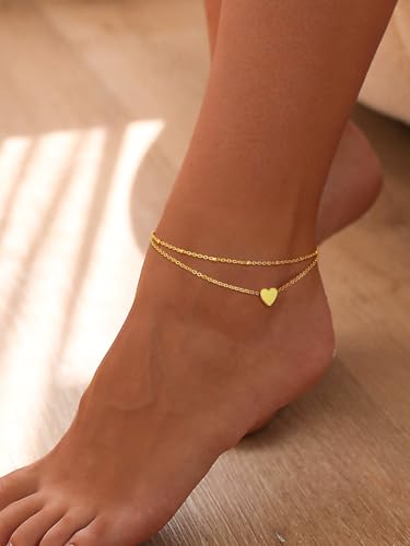 FindChic Stainless Steel Ankle Bracelets for Women, Waterproof Figaro/Cuban/Box/Beaded Chain Anklets, Summer Beach Foot Jewelry, 8.5''-10.5'' Adjustable Length, with Gift Box - style: Layered Heart Charm-Gold