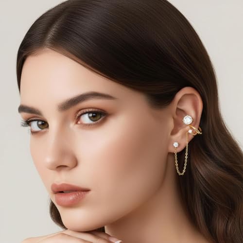 A Pair of 14K Gold Plated Chain Ear Cuff Earrings for Women - 316L Surgical Steel Post Hypoallergenic, Cubic Zirconia Crystal Tassel Drop Dangle Crawler, Non-Slip Cartilage Clip On Jewelry Gifts