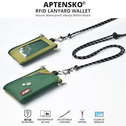 RFID Blocking Travel Wallet with Adjustable Lanyard, Small Nylon Zipper Pouch and Badge Holder for ID, Credit Cards, Cash, Keys, Commuters (ForestGreen+OliveGreen) - color: ForestGreen+OliveGreen