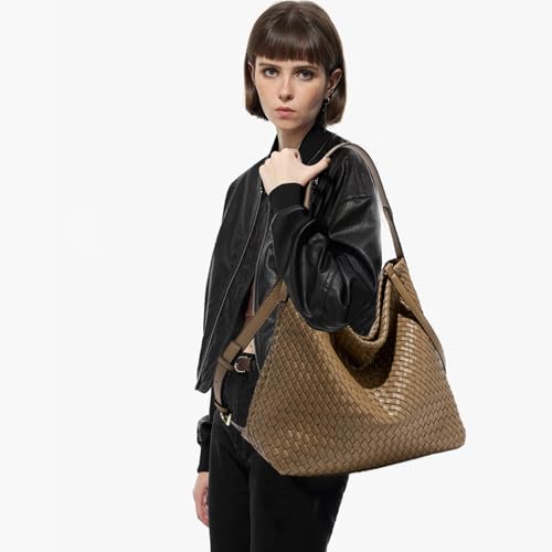 JINMANXUE Women Boston Bag, Woven Hobo Tote Handbag and Purses, Female Satchel Messenger Bags, Fashion Shoulder Crossbody Bag - color: Khaki