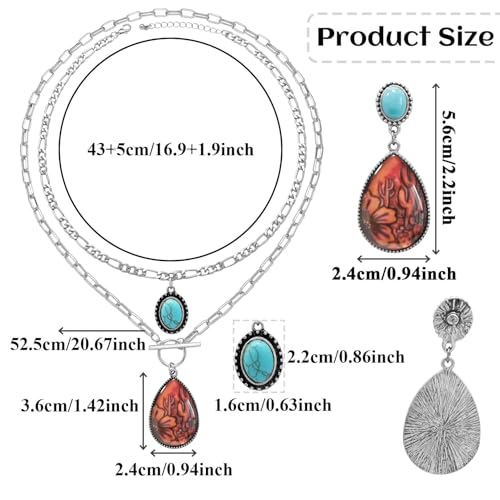 3 Pcs Western Turquoise Jewelry for Women Bohemian Set Cactus Turquoise Necklace Boho Dangle Earrings Country Concert Cowboy Chic Outfits for Women Jewelry Gifts Xmas Stocking Stuffers - color: Silver