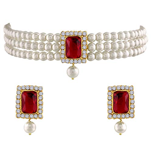 Aheli Ethnic Choker Necklace Earrings Wedding Bollywood Party Jewelry Set Gift for Women - color: Maroon 1