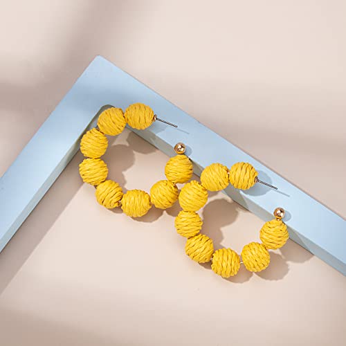 Raffia Hoop Earrings Statement Boho Beaded Earrings Cute Rattan Handmade Colorful Jewelry for Women Unique Summer Outfits - color: Yellow