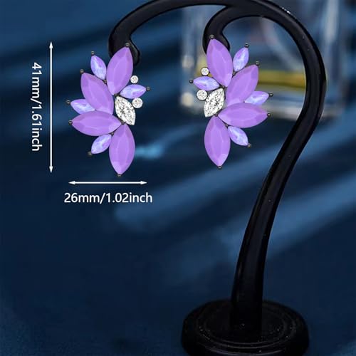 Bohemian Statement Sparkly Colourful Fancy Rhinestone Crystal Flower Dangle Drop Stud Earrings Vintage Wedding Bridal Prom Earrings for Women - color: Purple