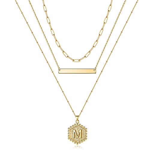 Turandoss Layered Initial Necklaces for Women, 14K Gold Plated Bar Necklace Handmade Layering Hexagon Letter Pendant Beads Chain Necklace Layered Necklaces for Women Jewelry Gifts - style: M