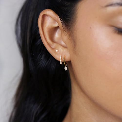 3 Pairs Small Earring Stacks, 14K Gold/Silver/Black/Rose Gold Plated Pearl Heart Butterfly Star Diamond Charm Drop Huggie Earrings Trendy Jewelry Gift for Women - color: Gold-Pearl