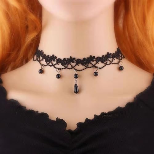 Boho Flower Pearl Lace Choker Necklace Waterdrop Pendant Necklace Choker Vintage Teardrop Clavicle Necklace Dainty Neck Chain for Bridemaids Wedding - color: black