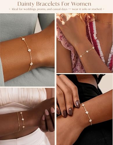 Dainty Silver Gold Bracelets for Women Trendy Non Tarnish 14K Gold Plated Cute Clover Bracelet Stackable Daisy Cubic Zirconia Diamond Charm Bracelet Stack Waterproof Jewelry Gifts - color: 01- Dainty Bracelet- Gold