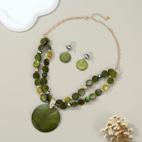 Layered Beads Statement Fashion Necklace Chunky Jewelry Set Big Colorful Glass Stone Circle Shell Pendant Choker Necklace and Earring Set for Women - color: Olive Green