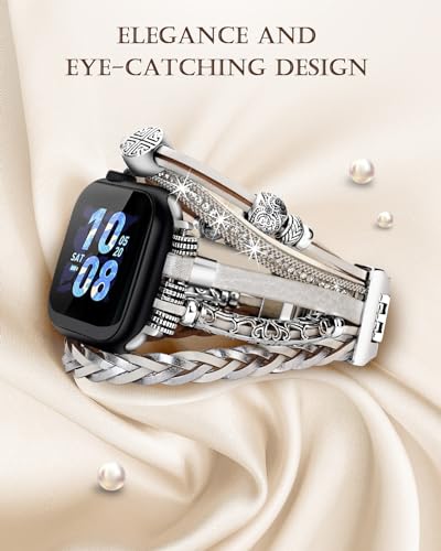 Compatible for Apple Watch Band 46mm Series 11/10 Women, Bling Beaded Boho Braided Bracelet for Apple Watch Ultra 1/2 49mm 45mm 44mm, Multilayer Wrap Leather Strap for iWatch Bands 9/8/7/6/5/4/3 - color: A-Silver White, size: 49/46/45/44/42mm(series 3/2/1