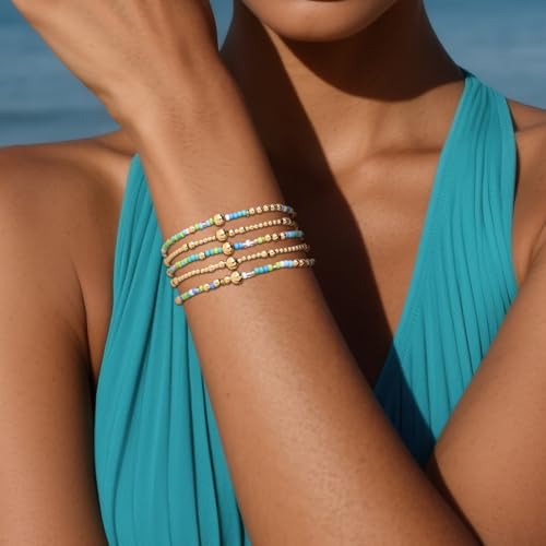 Gold Beaded Stackable Friendship Bracelets Set for Women, Handmade Boho Stretch Summer Jewelry Gift. - color: Gold Blue White Green
