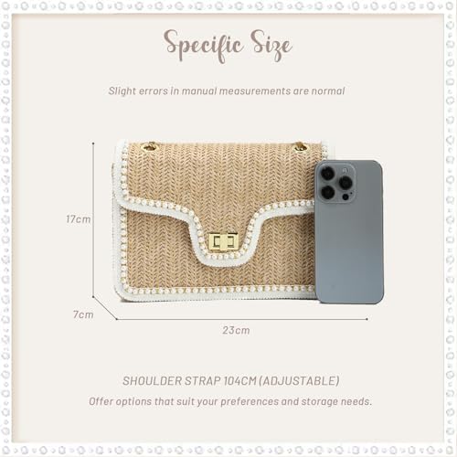 Fecialy Straw Crossbody Bags for Women Summer Straw Beach with Pearls Raffia Shoulder Handbags - color: Brown