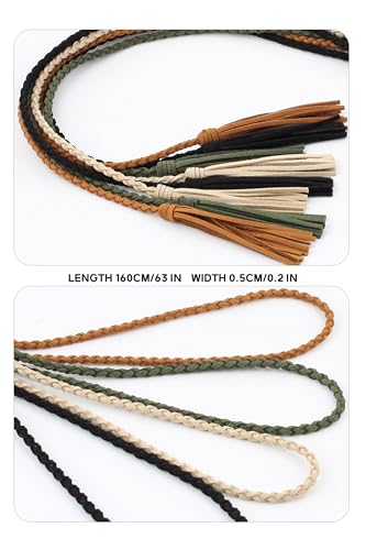 TeeYee Waist Belt Woven Knitted Rope/Chain PU leather 3 Pieces Tassel Rope Skinny Belt - color: 100blackkhakicoffee