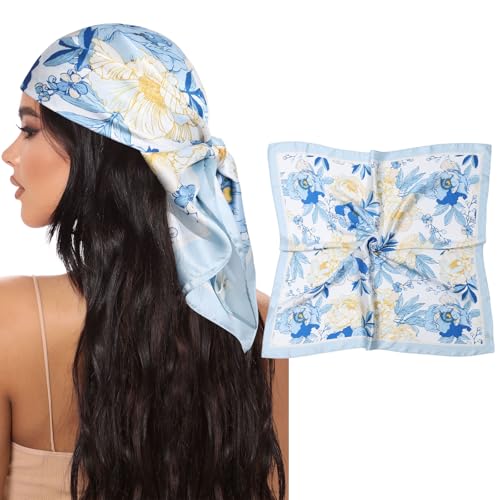AWAYTR 27.5” Square Satin Head Scarf Hair Scarf for Women's Hair Silk Bandana for Women Silk Head Wrap for Sleeping - color: Flower (Light Blue)