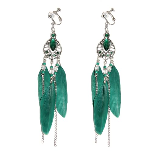 Clip on Tassel Dangle Earrings for Boho Women, Non Pierced, Colorful Feather Handmade Beads Fashion Vintage Fringe Jewelry for Parties Weddings Festivals Trendy Statement Earrings for Bohemian - color: Green A