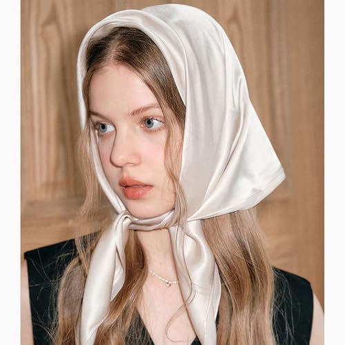 vimate Head Scarf for Women Hair 27'' Square Satin Silk Feeling Bnadana Neck Scarf Handbag Accessories Etc - color: C85#. Beige
