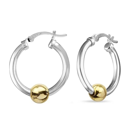 LeCalla 925 Sterling Silver Beaded Ball Hoop Earrings | Lightweight Sleeper Bead Ball Earring Hoops | Cape Style Hoop Earrings for Women - color: Thick Tube Two Tone