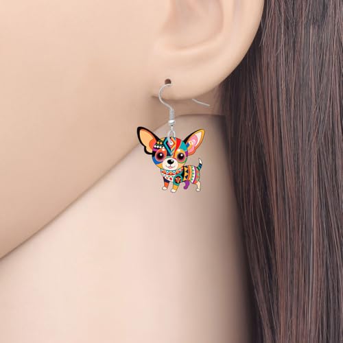BONSNY Colorful Cute Chihuahua Dangle Earrings Mexican Folk Art Style Dog Pets Design Gifts for Chihuahua Lovers Women Fun Hypoallergenic Jewelry Accessories - color: Multicolor
