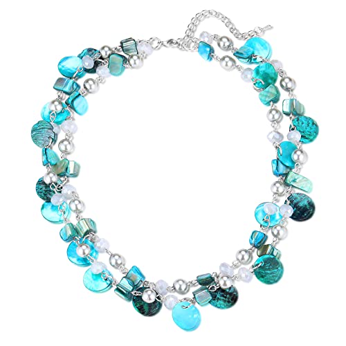 Noessla Layered Beaded Chunky Necklace for Women Boho Two-color Shell Statement Necklace Fashion Collar Costume Jewelry Gifts for Mum - color: 14-Turquoise