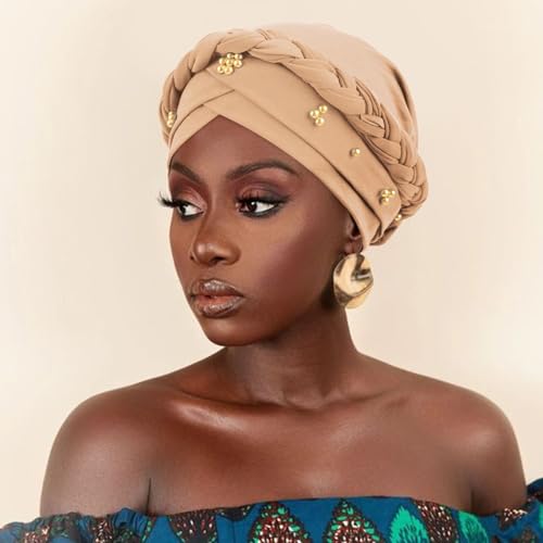 African Women Turban Caps Pre-Tied Twisted Turbans Head Scarf for Women Hair Wraps Cover Beanie Cancer Chemo Headwear - color: 1 Pack Twisted Braid: Gold Bead Khaki