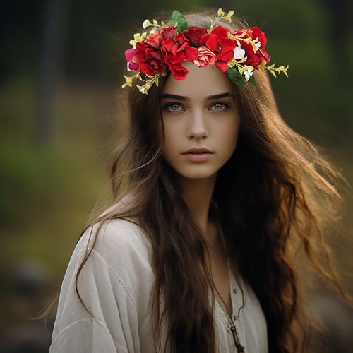 Vivivalue Rose Flower Crown Boho Flower Headband Hair Wreath Floral Headpiece Halo with Ribbon Wedding Party Festival Photos Red - color: 96