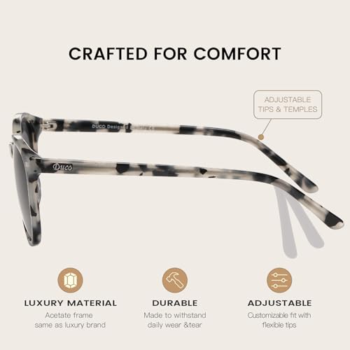 DUCO Women's Trendy Retro Round Acetate Polarized Sunglasses, UV400 99% Glare Block, Lightweight for Daily & Outdoor - color: 8. Black Tortoise Frame Grey Lens