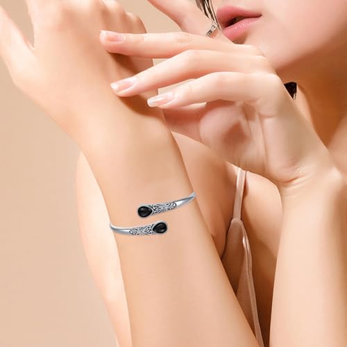 925 Sterling Silver Genuine Gemstone Bracelet for Women Men Handmade Adjustable Boho Navajo Style Bangle Cuff Natural Stone Jewelry Gift - color: Black Onyx