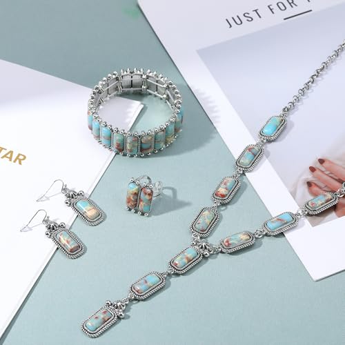 4 PCS Western Turquoise Jewelry for Women Boho Vintage Navajo Pearl Necklace Earring Bracelet Ring Set Country Cowgirl Accessories for Gift - color: I-Blue