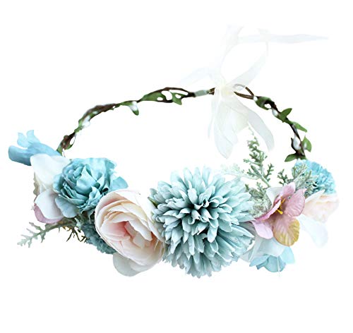 Vivivalue Boho Flower Headband Women Floral Crown Hair Wreath Flower Headpiece Halo with Ribbon Wedding Party Festival Photos Blue - color: 48