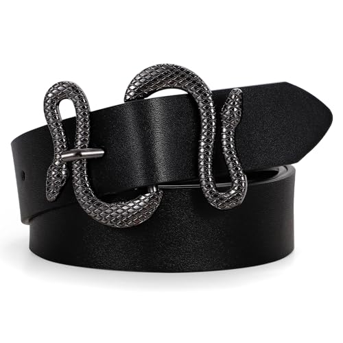 Women Leather Belt with Snake Buckle Fashion Women Belt for Jeans Pants Dresses - color: B-black, size: Fit Size 25"-30"