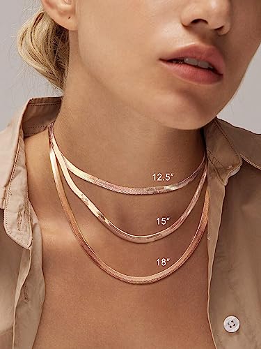 FOCALOOK 14K Gold Plated Necklaces for Women, Fashion Herringbone Choker Necklace Stainless Steel Flat Snake Chain 3/5MM(W) 12.5"/15"/18"+3.5"(L) - color: 5MM-Rose Gold-15"
